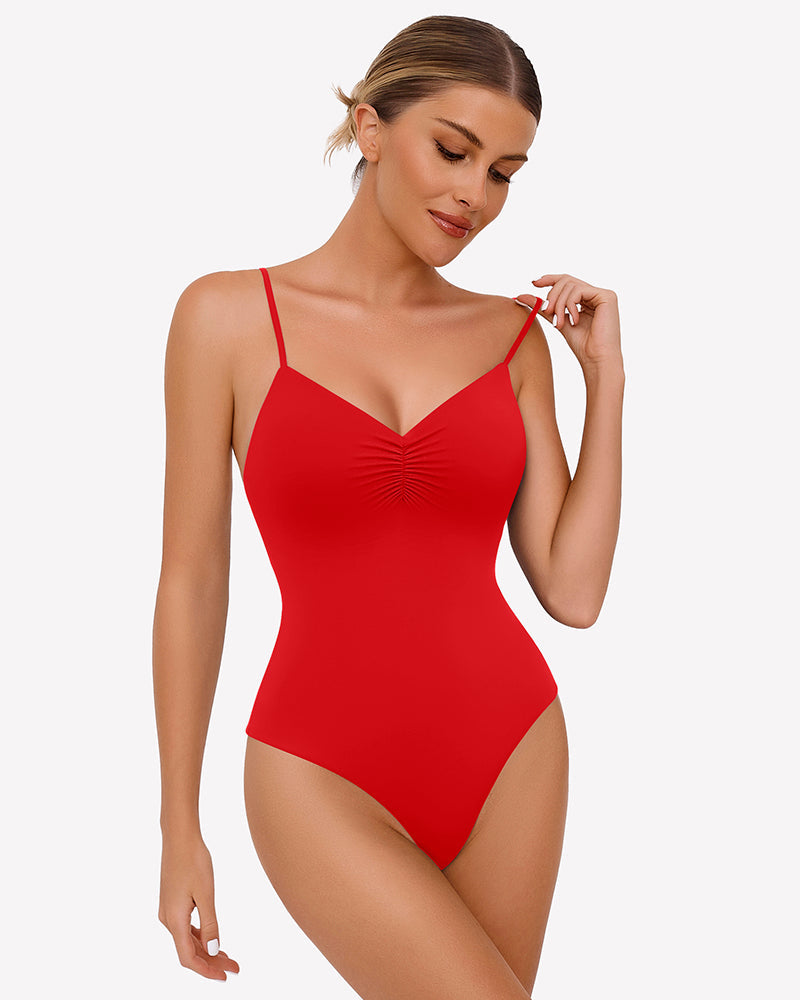 Ruched V Neck Thong Bodysuit Red Shaperwear-bodysuit - Tophatter Daily Deals