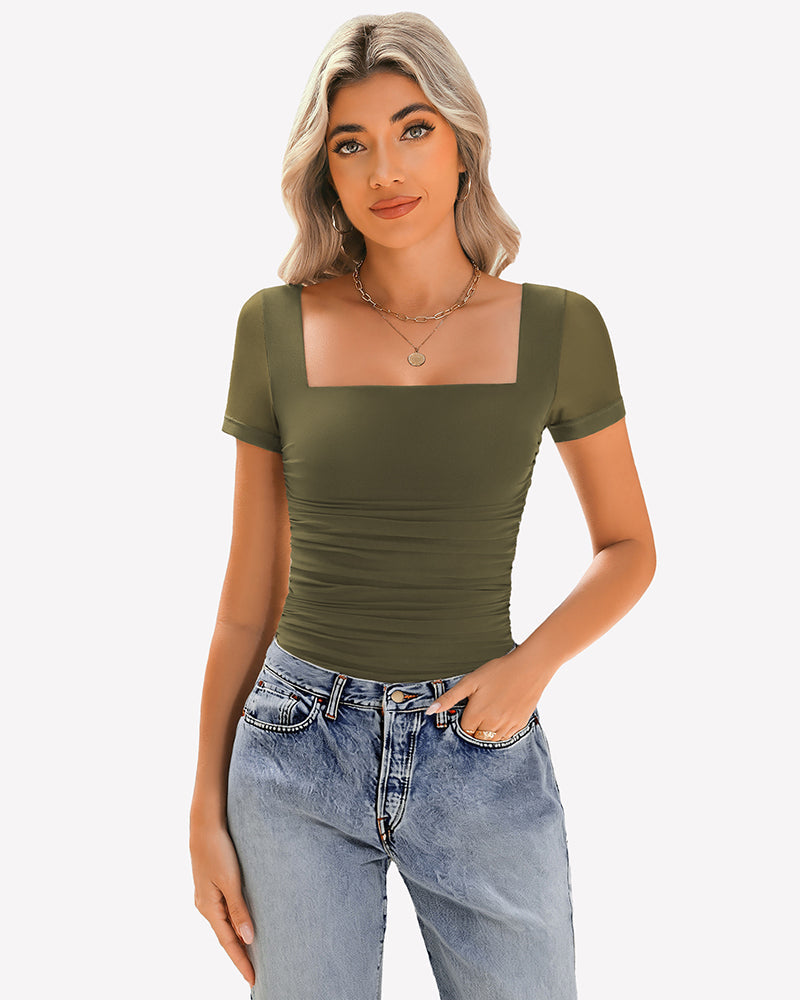 Sheer Mesh Short Sleeve Ruched Tops Army Green Lingeries-Crop tops - Tophatter Daily Deals