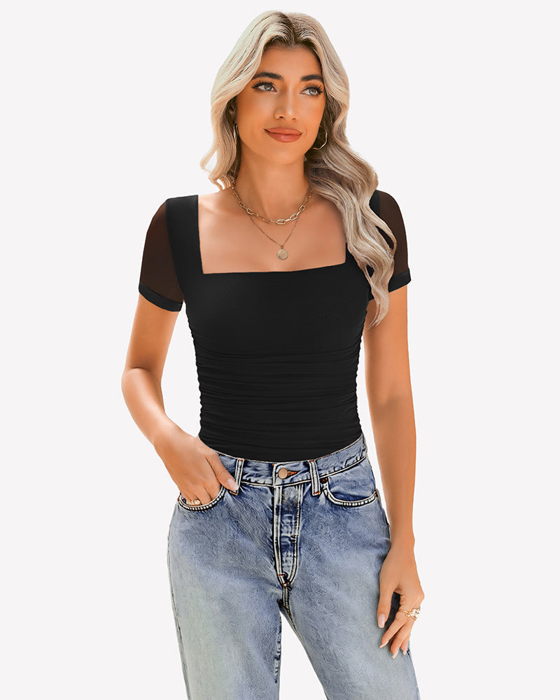 Sheer Mesh Short Sleeve Ruched Tops Black Lingeries-Crop tops - Tophatter Daily Deals