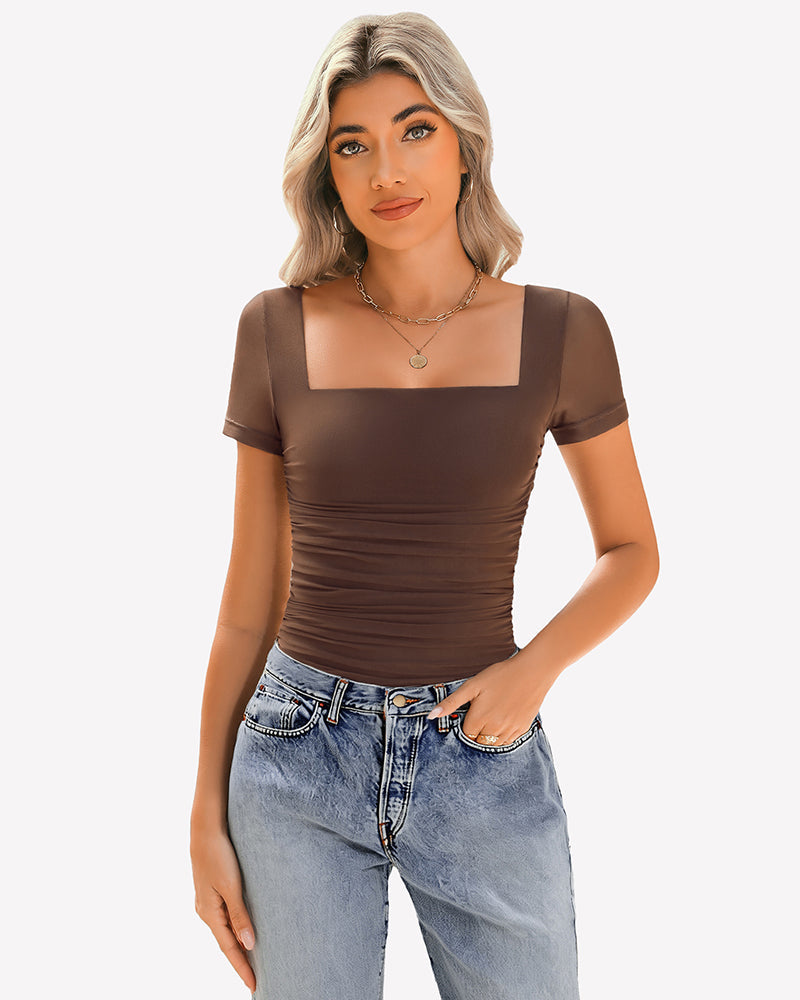 Sheer Mesh Short Sleeve Ruched Tops Brown Lingeries-Crop tops - Tophatter Daily Deals