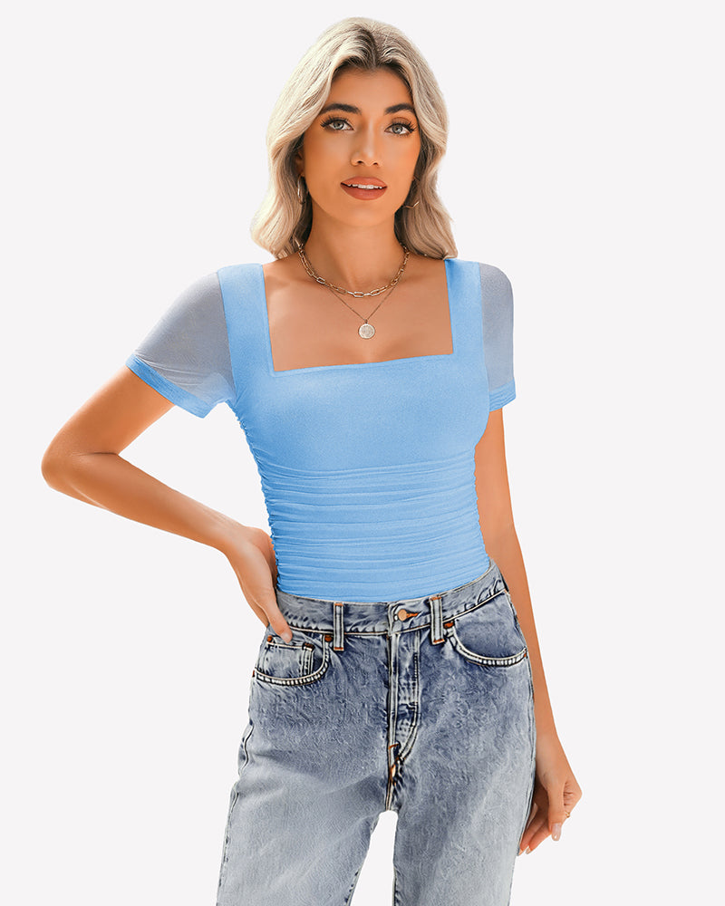 Sheer Mesh Short Sleeve Ruched Tops Clear Blue Lingeries-Crop tops - Tophatter Daily Deals