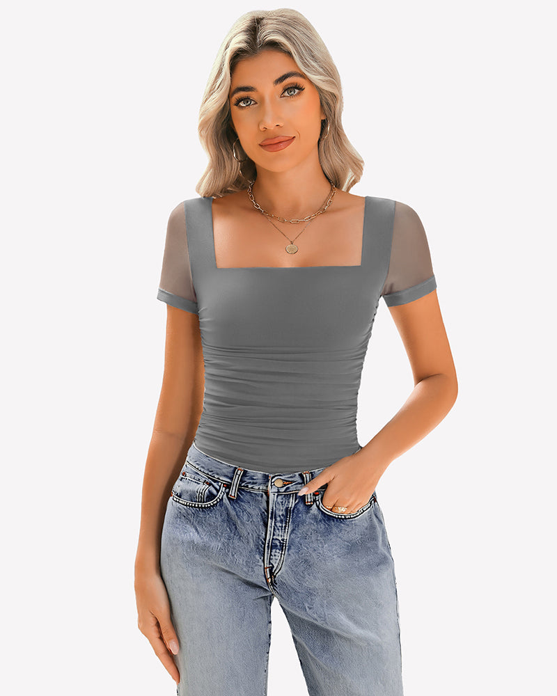 Sheer Mesh Short Sleeve Ruched Tops Dark Grey Lingeries-Crop tops - Tophatter Daily Deals