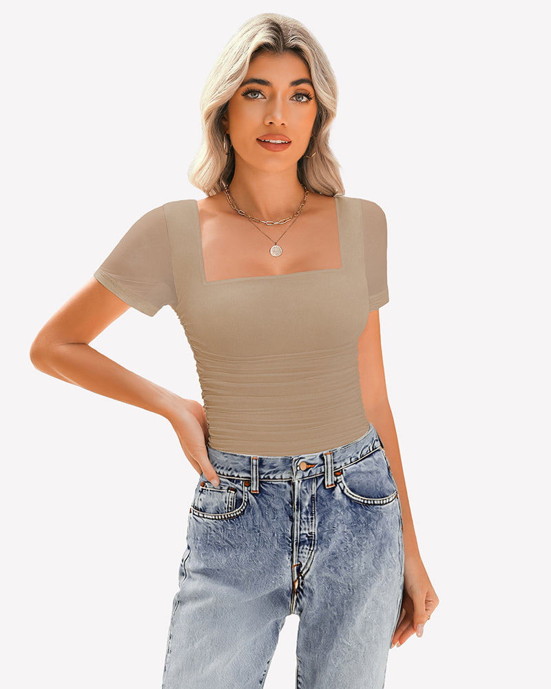 Sheer Mesh Short Sleeve Ruched Tops Khaki Lingeries-Crop tops - Tophatter Daily Deals