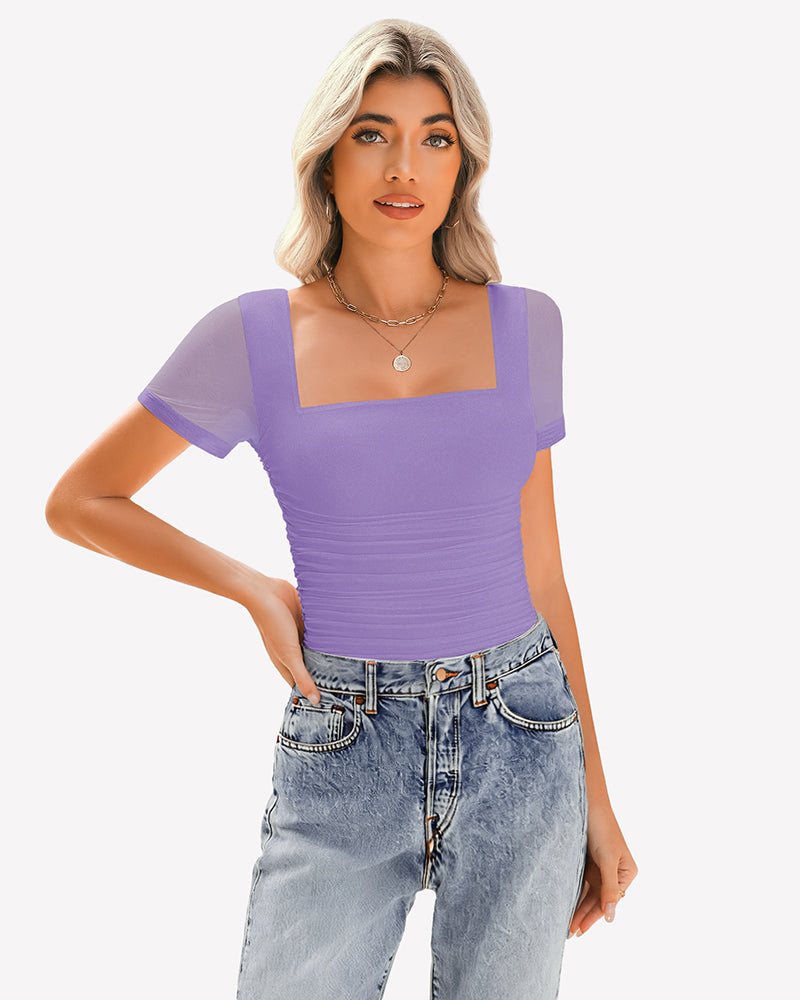 Sheer Mesh Short Sleeve Ruched Tops Violet Lingeries-Crop tops - Tophatter Daily Deals
