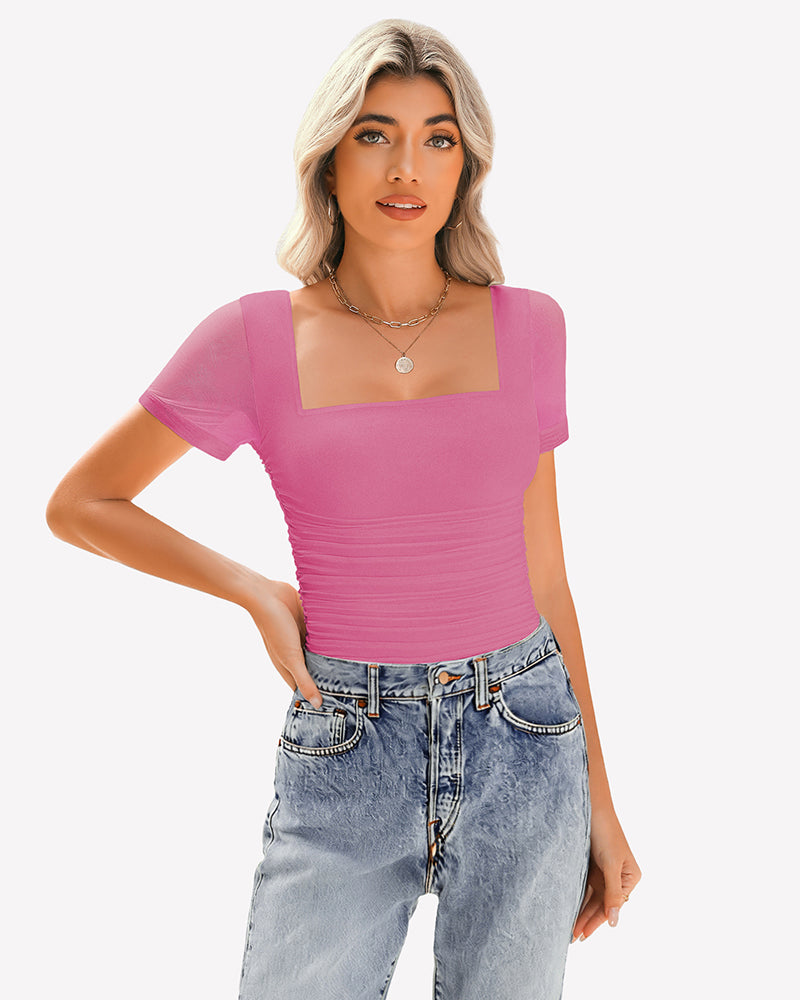 Sheer Mesh Short Sleeve Ruched Tops Pink Lingeries-Crop tops - Tophatter Daily Deals