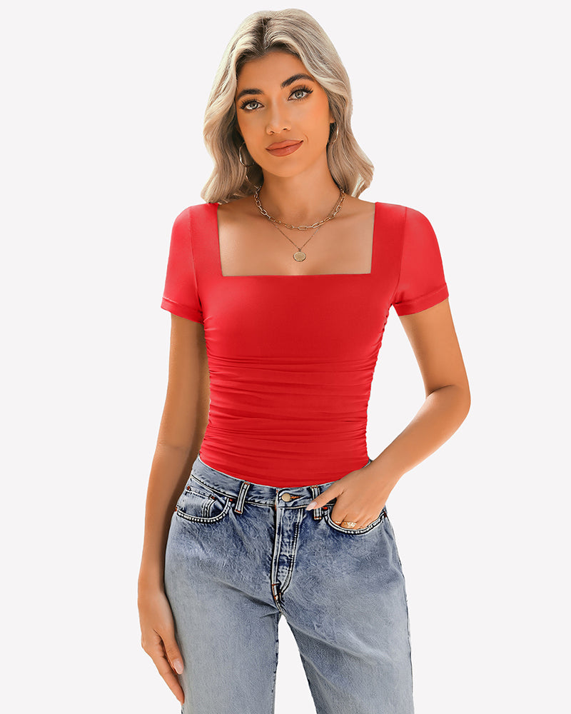Sheer Mesh Short Sleeve Ruched Tops Red Lingeries-Crop tops - Tophatter Daily Deals