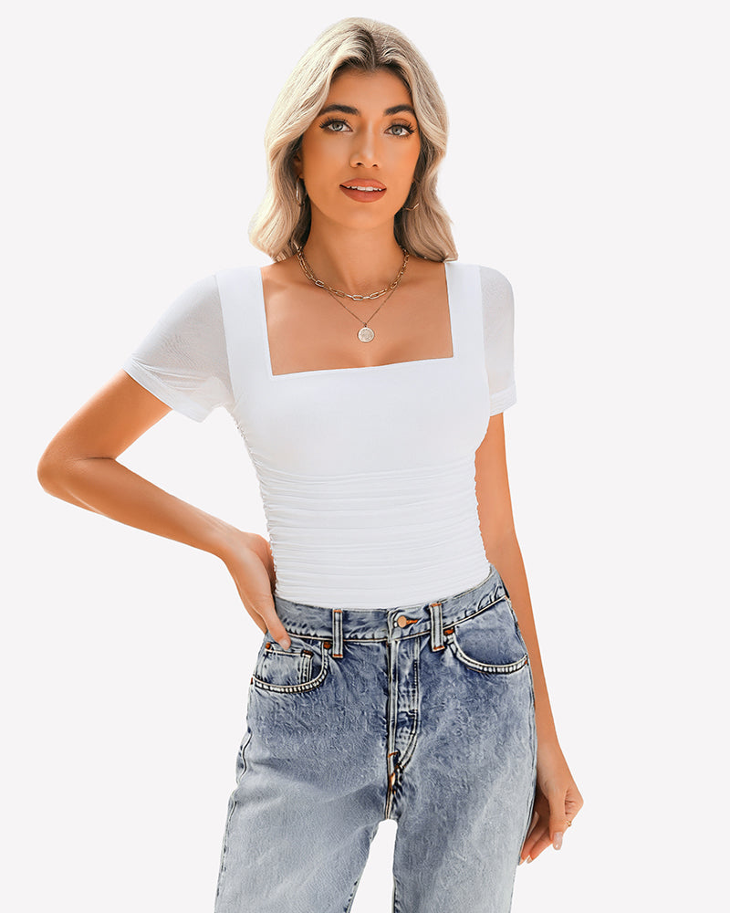 Sheer Mesh Short Sleeve Ruched Tops White Lingeries-Crop tops - Tophatter Daily Deals