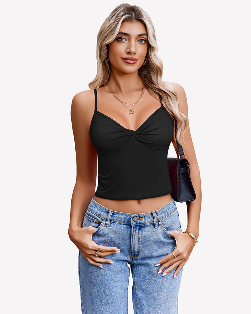 Twist Front V Neck Tank Top Spaghetti Strap Crop Tops Black Lingeries-Crop tops - Tophatter Daily Deals