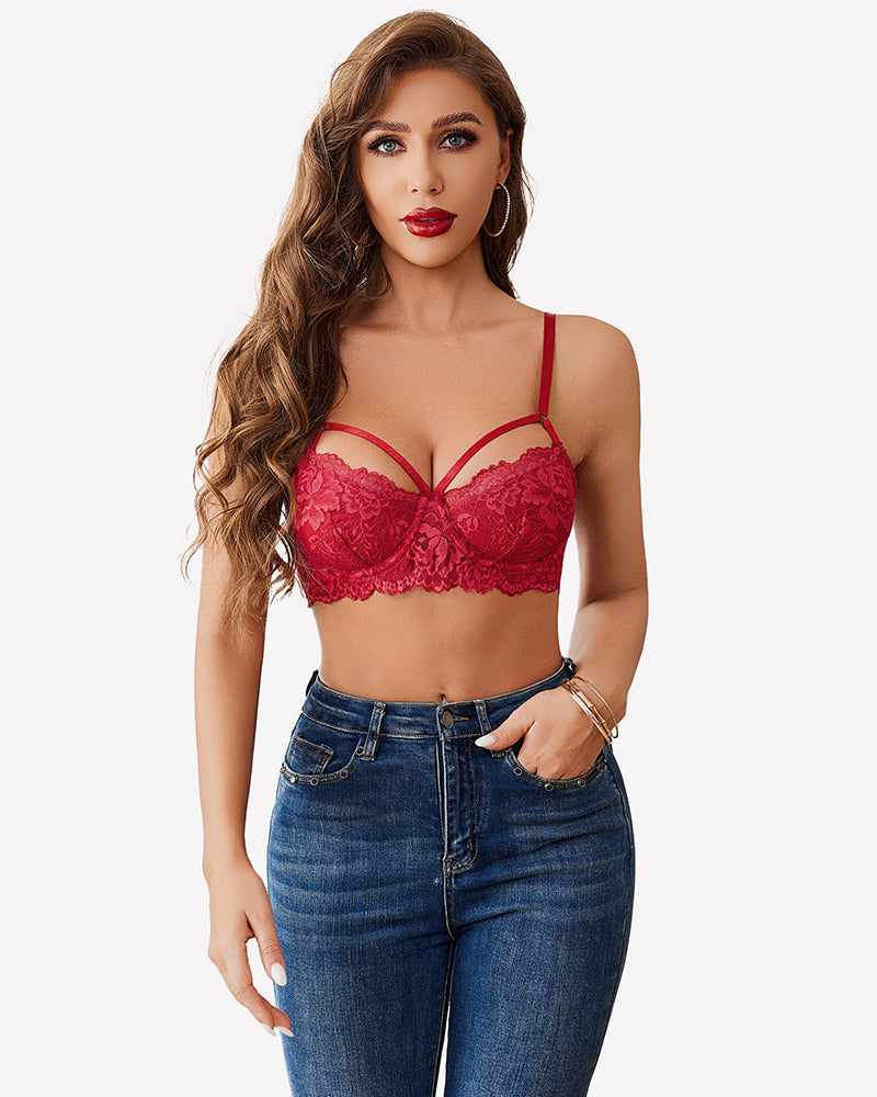 Lace Adjustable Strap Two Layer V Neck Bra Dark Red Lingerie Sets-Bras - Tophatter Daily Deals