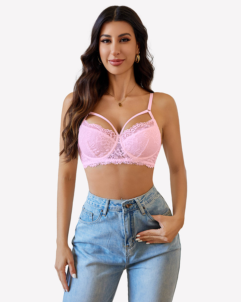 Lace Adjustable Strap Two Layer V Neck Bra Dark Pink Lingerie Sets-Bras - Tophatter Daily Deals