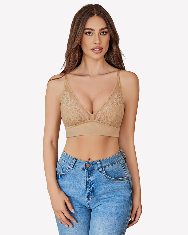 Wireless Bralette Mesh V Neck Bra Light Khaki Lingerie Sets-Bras - Tophatter Daily Deals