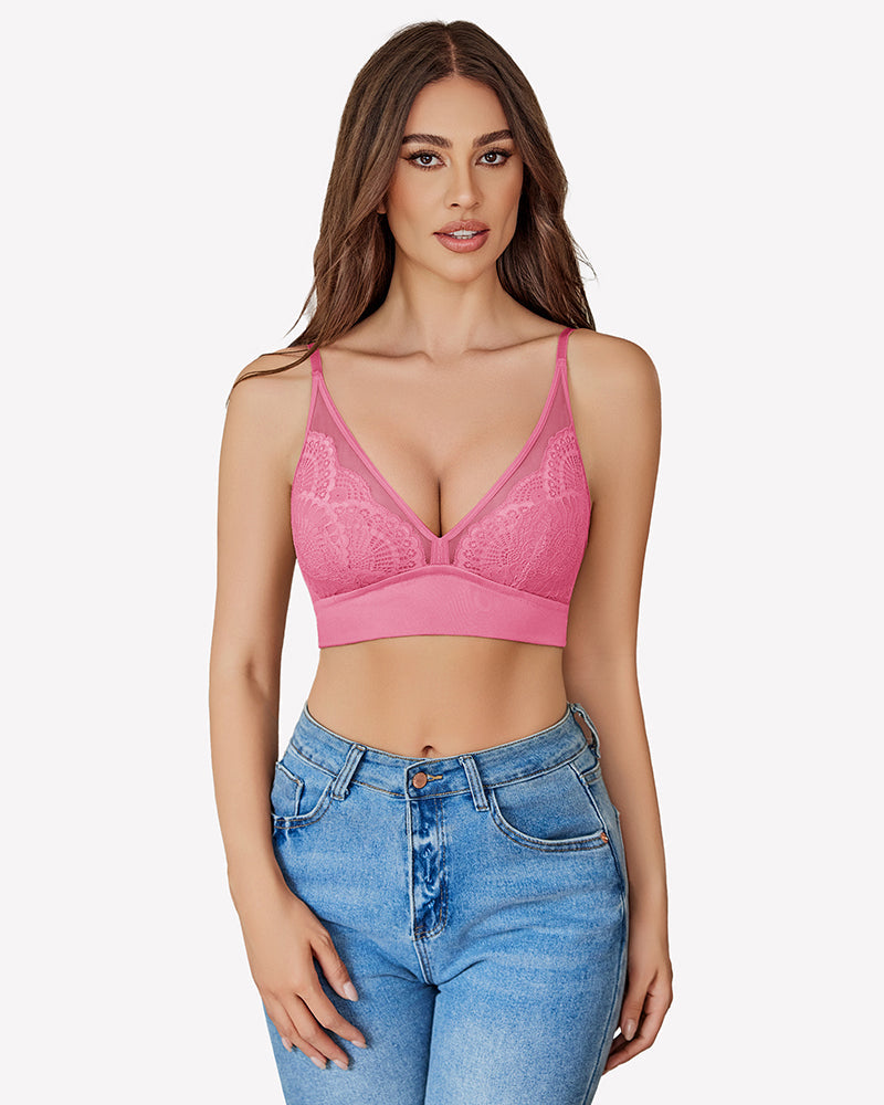 Wireless Bralette Mesh V Neck Bra Pink Lingerie Sets-Bras - Tophatter Daily Deals