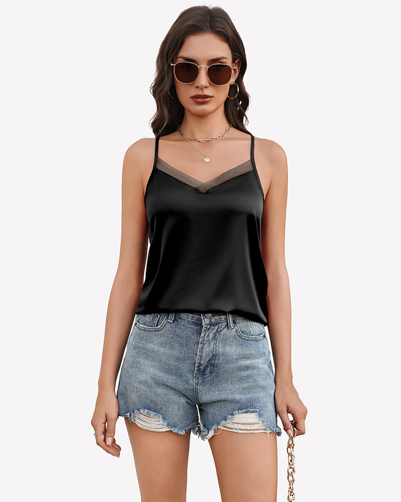 Silk Satin Tank Tops Mesh V Neck Camisole Black Lingeries-Crop tops - Tophatter Daily Deals