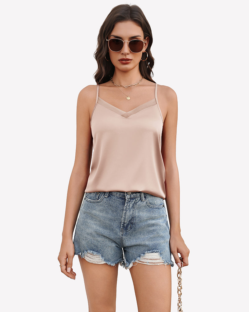 Silk Satin Tank Tops Mesh V Neck Camisole Champagne Lingeries-Crop tops - Tophatter Daily Deals