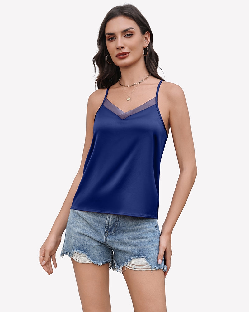 Silk Satin Tank Tops Mesh V Neck Camisole Deep Blue Lingeries-Crop tops - Tophatter Daily Deals