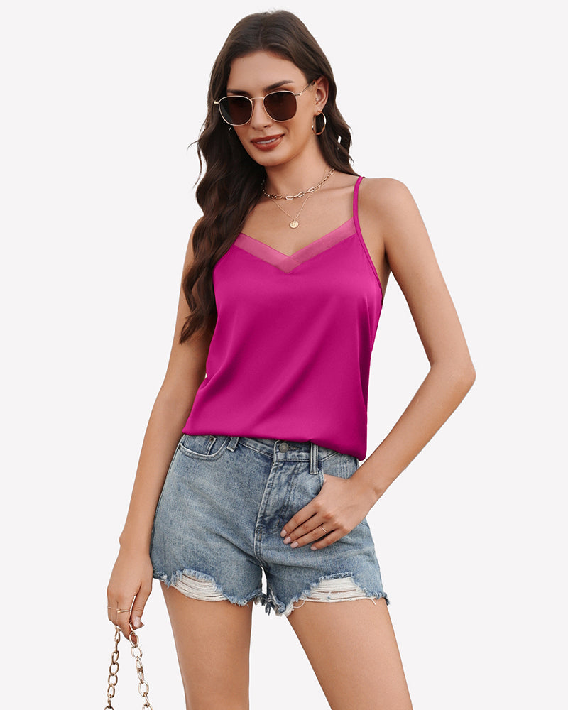 Silk Satin Tank Tops Mesh V Neck Camisole Rose Red Lingeries-Crop tops - Tophatter Daily Deals