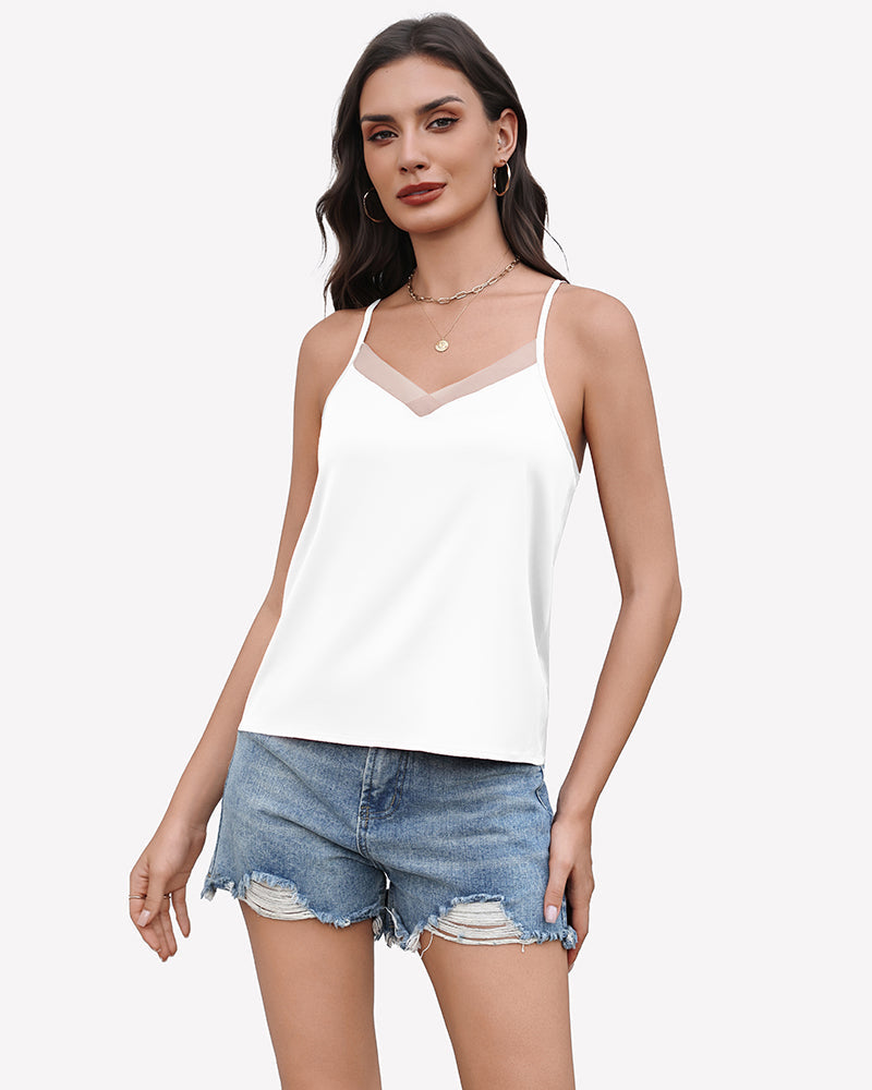 Silk Satin Tank Tops Mesh V Neck Camisole White Lingeries-Crop tops - Tophatter Daily Deals
