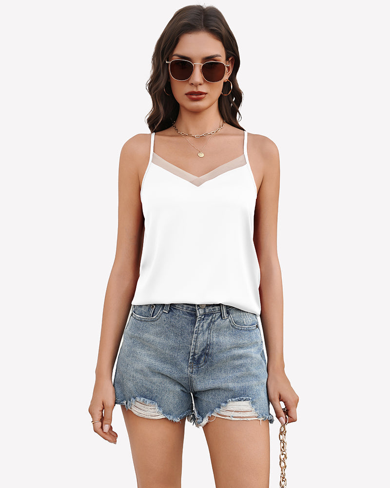 Silk Satin Tank Tops Mesh V Neck Camisole Lingeries-Crop tops - Tophatter Daily Deals