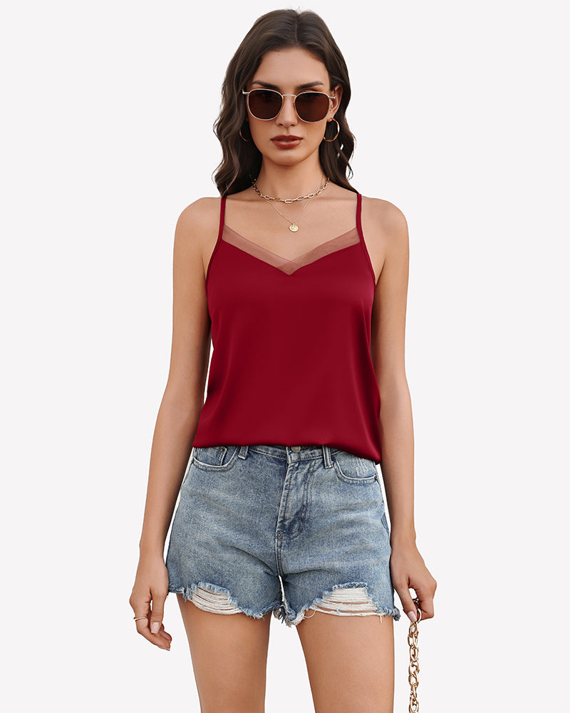 Silk Satin Tank Tops Mesh V Neck Camisole Wine Red Lingeries-Crop tops - Tophatter Daily Deals
