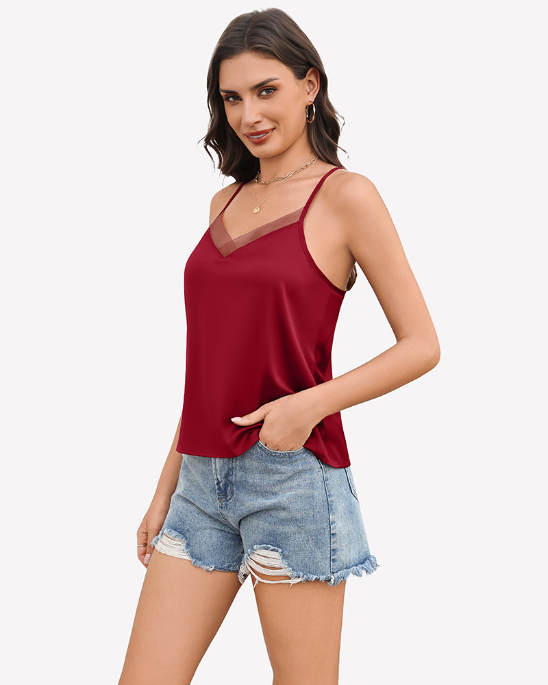 Silk Satin Tank Tops Mesh V Neck Camisole Lingeries-Crop tops - Tophatter Daily Deals