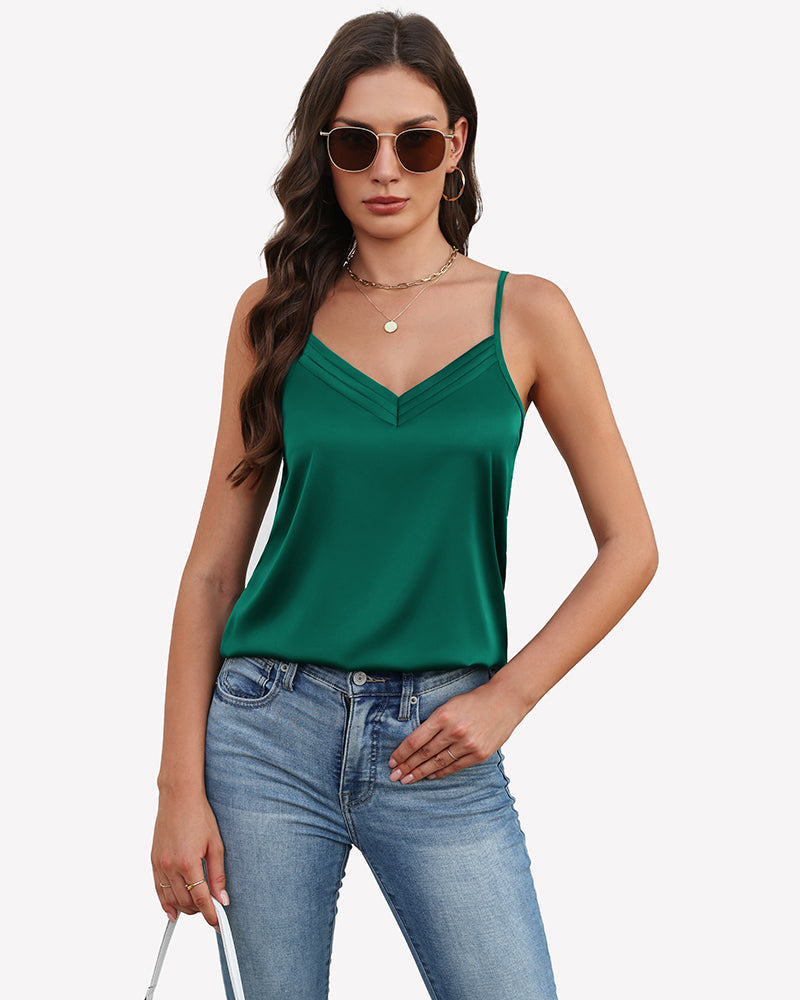 Silk Satin Tank Tops V Neck Tank Shirt Evergreen Tops-Tank Tops - Tophatter Daily Deals