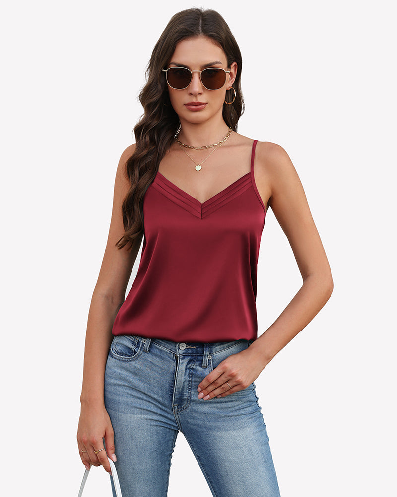 Silk Satin Tank Tops V Neck Tank Shirt Wine Red Tops-Tank Tops - Tophatter Daily Deals