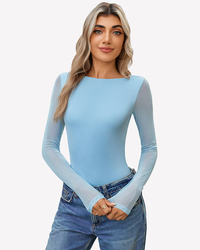 Mesh Long Sleeve Bodysuit Light Blue Shaperwear-bodysuit - Tophatter Daily Deals
