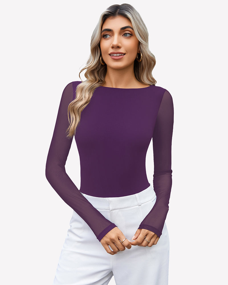 Mesh Long Sleeve Bodysuit Dark Purple Shaperwear-bodysuit - Tophatter Daily Deals