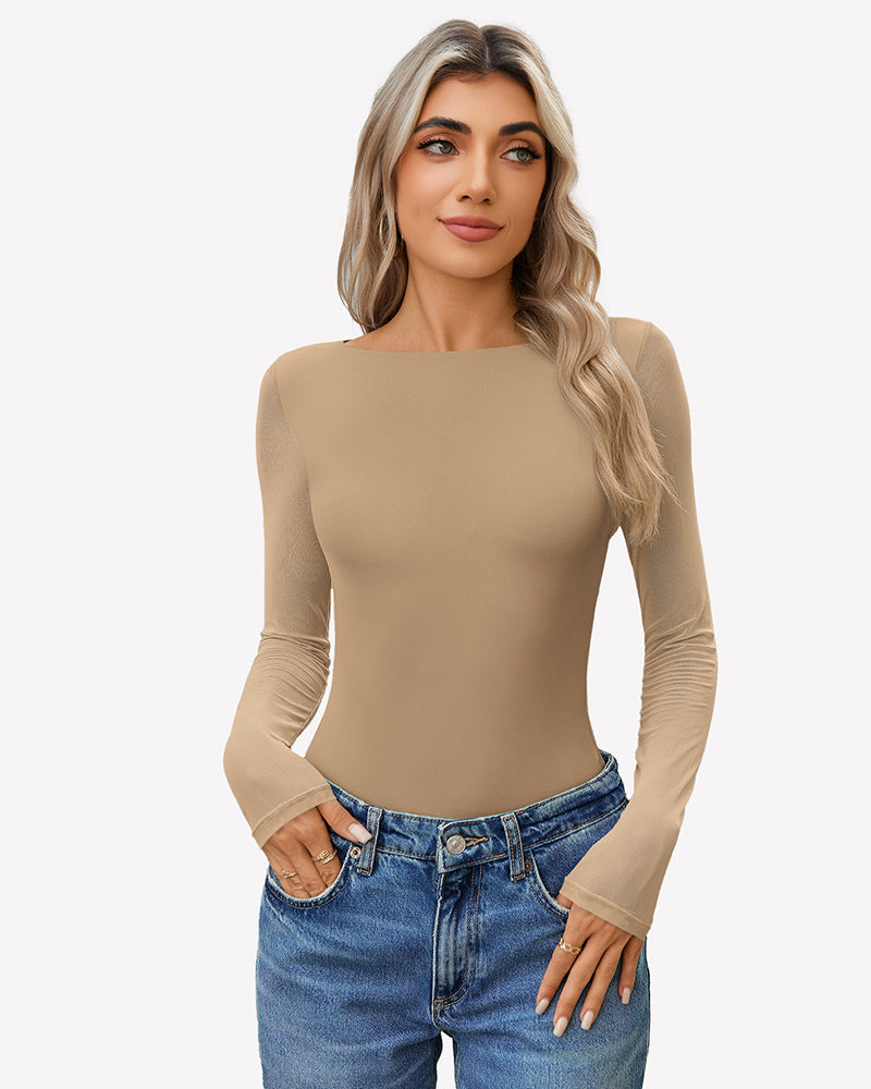Mesh Long Sleeve Bodysuit Khaki Shaperwear-bodysuit - Tophatter Daily Deals