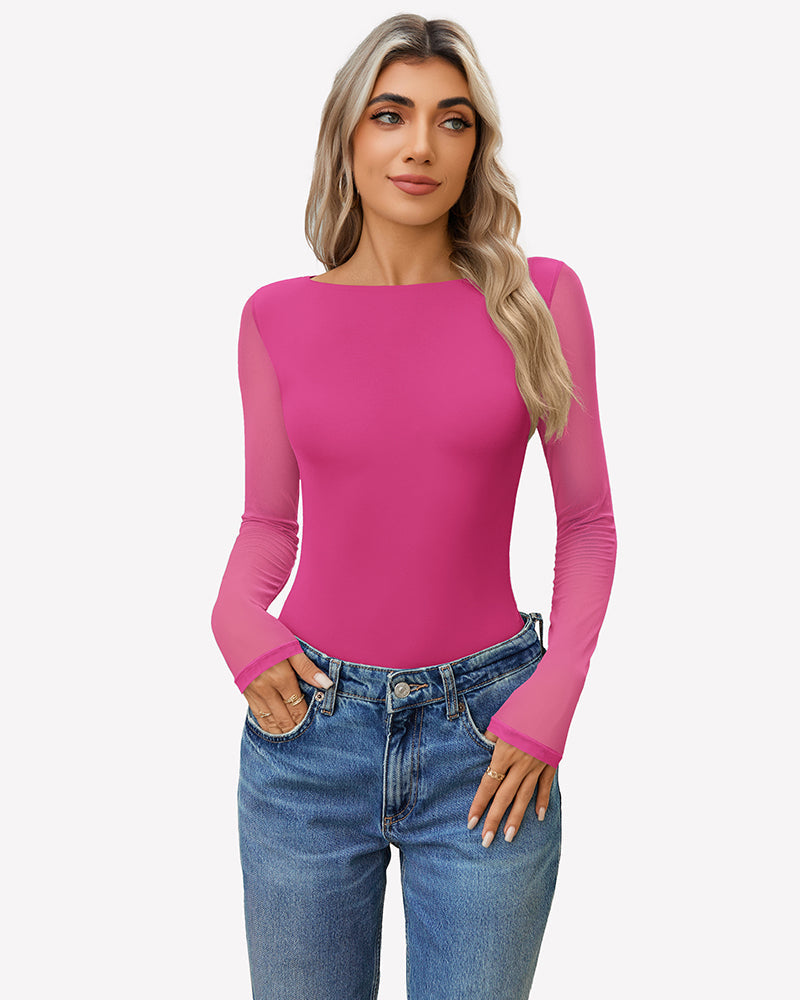 Mesh Long Sleeve Bodysuit Peach Pink Shaperwear-bodysuit - Tophatter Daily Deals