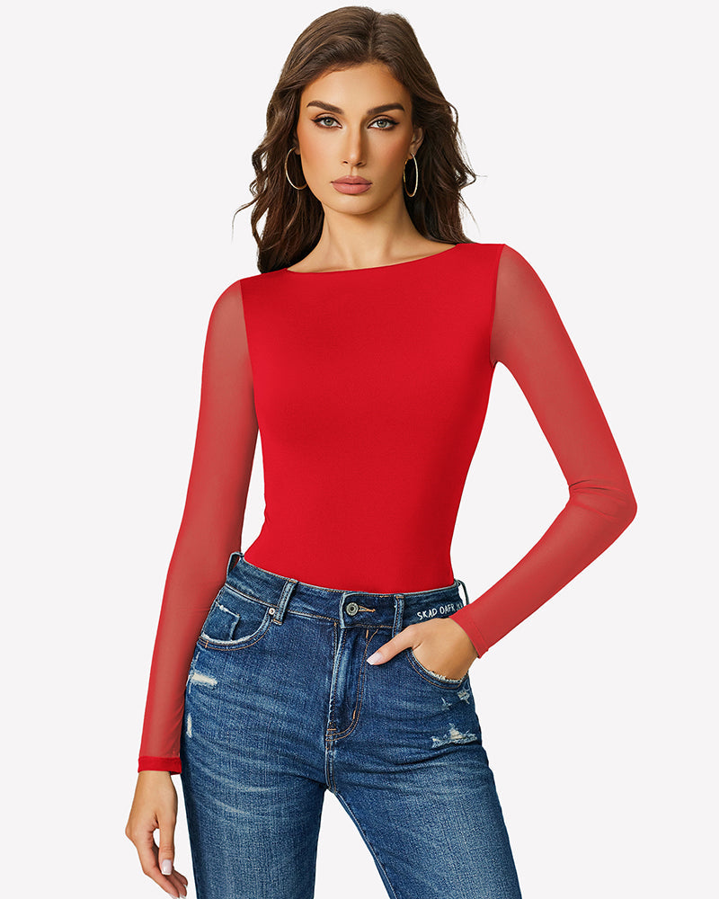 Mesh Long Sleeve Bodysuit Red Shaperwear-bodysuit - Tophatter Daily Deals