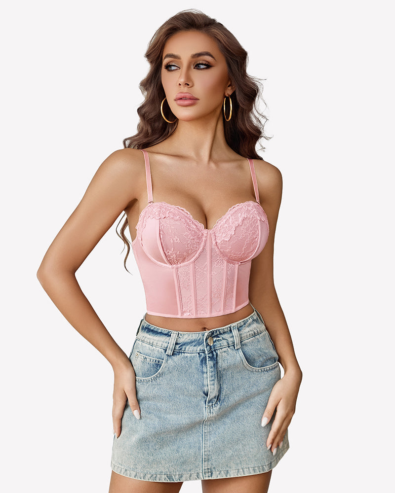 Bustier Tops V Neck Lace Bralettes Corset Pink Lingerie Sets-Bras - Tophatter Daily Deals