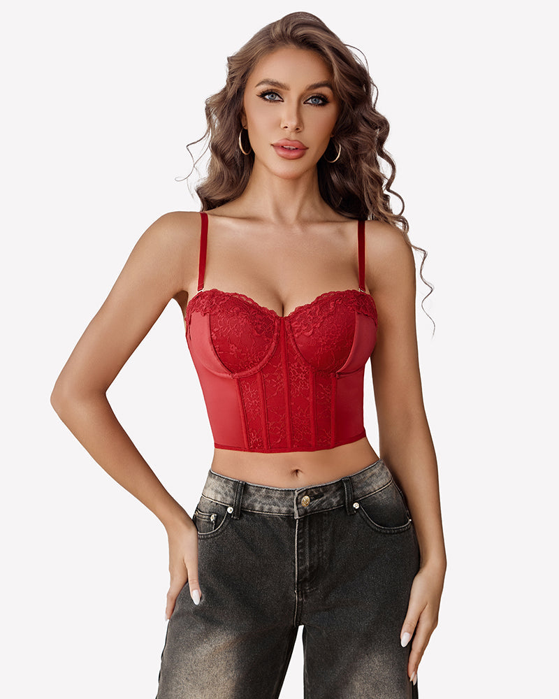 Bustier Tops V Neck Lace Bralettes Corset Wine Red Lingerie Sets-Bras - Tophatter Daily Deals
