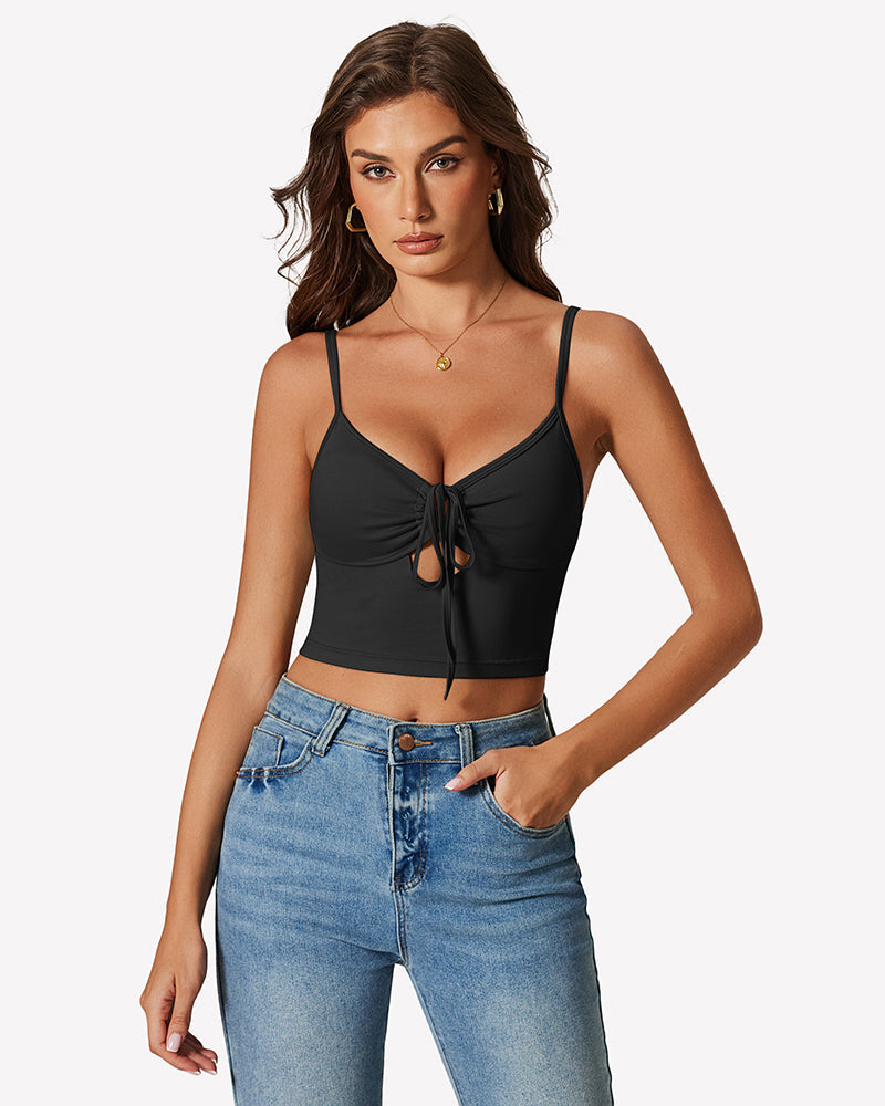 Tie Front Crop Top Cutout Tank Top Black Lingerie Sets-Bras - Tophatter Daily Deals