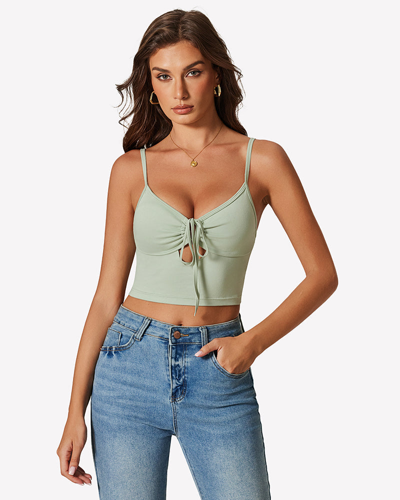 Tie Front Crop Top Cutout Tank Top Light Green Lingerie Sets-Bras - Tophatter Daily Deals