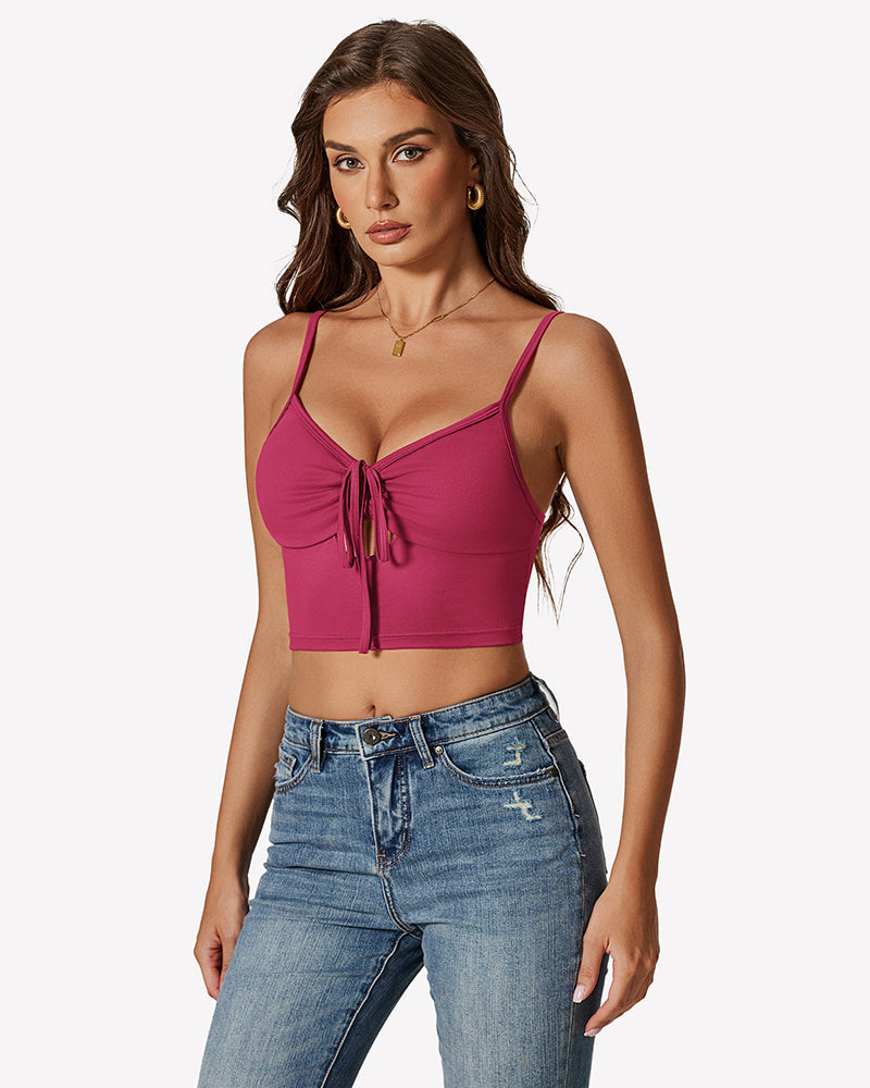 Tie Front Crop Top Cutout Tank Top Rose Red Lingerie Sets-Bras - Tophatter Daily Deals