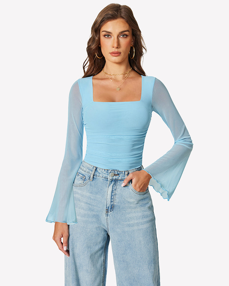 Long Bell Sleeve Mesh Square Neck Bodysuit Shaperwear-bodysuit - Tophatter Daily Deals