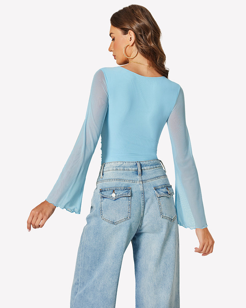 Long Bell Sleeve Mesh Square Neck Bodysuit Shaperwear-bodysuit - Tophatter Daily Deals