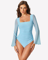 Long Bell Sleeve Mesh Square Neck Bodysuit Light Blue Shaperwear-bodysuit - Tophatter Daily Deals