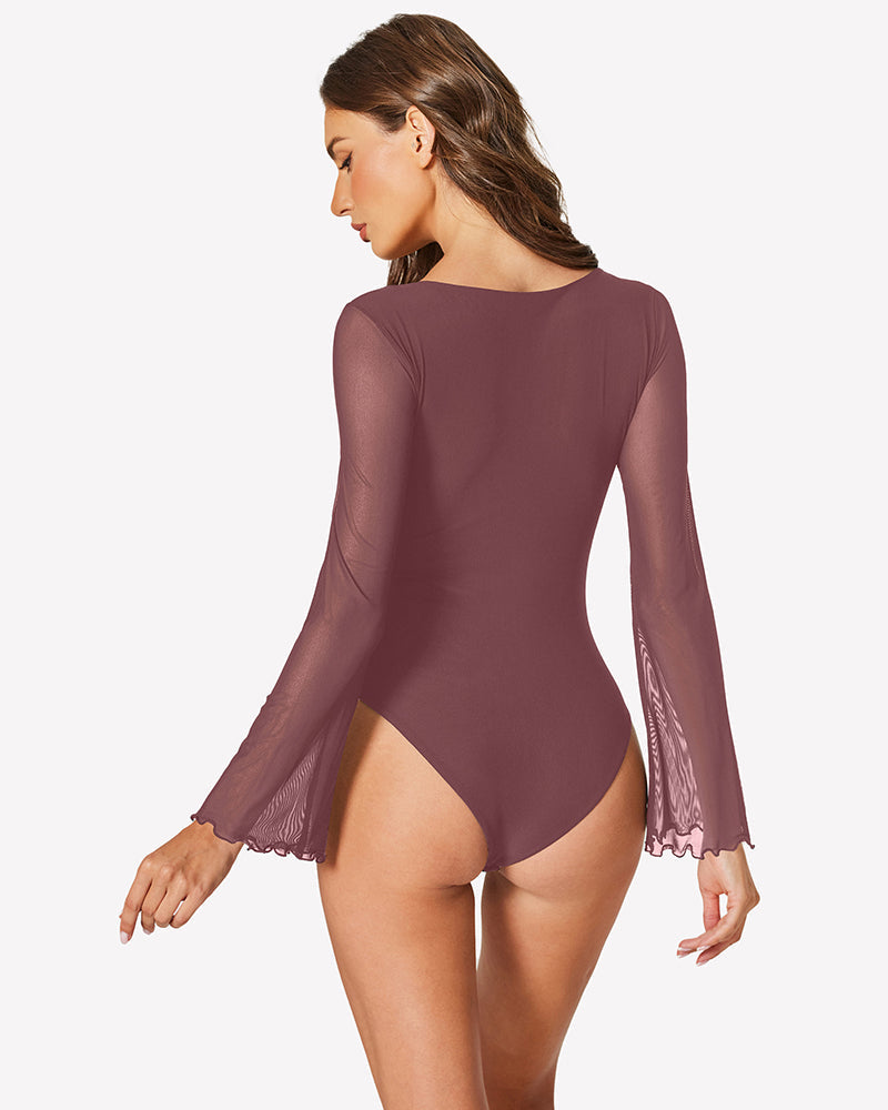 Long Bell Sleeve Mesh Square Neck Bodysuit Shaperwear-bodysuit - Tophatter Daily Deals