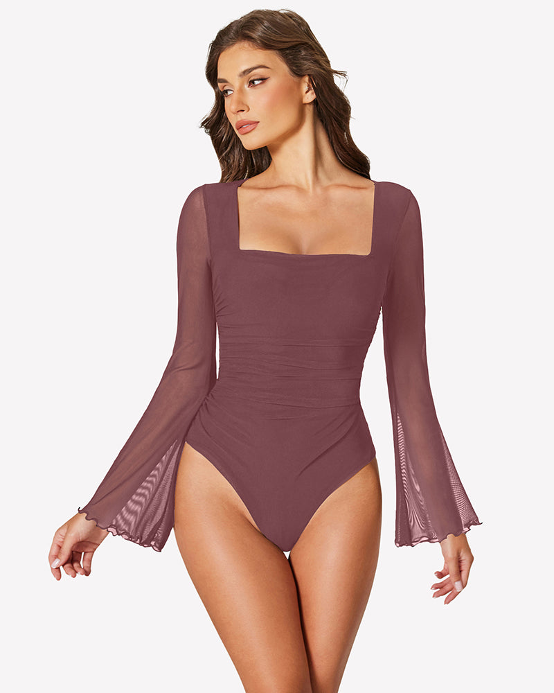 Long Bell Sleeve Mesh Square Neck Bodysuit Purple Red Shaperwear-bodysuit - Tophatter Daily Deals