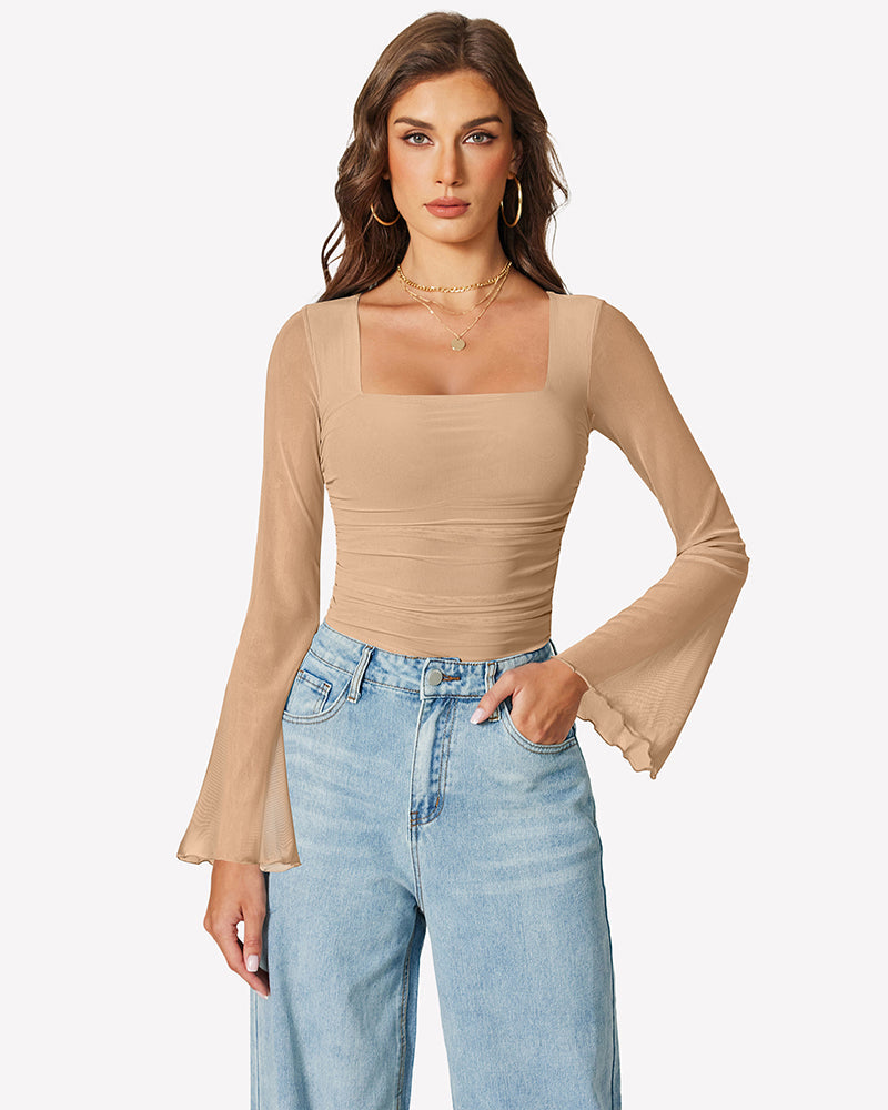 Long Bell Sleeve Mesh Square Neck Bodysuit Shaperwear-bodysuit - Tophatter Daily Deals