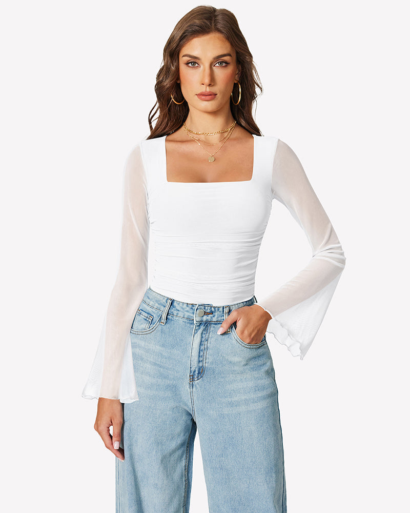 Long Bell Sleeve Mesh Square Neck Bodysuit Shaperwear-bodysuit - Tophatter Daily Deals