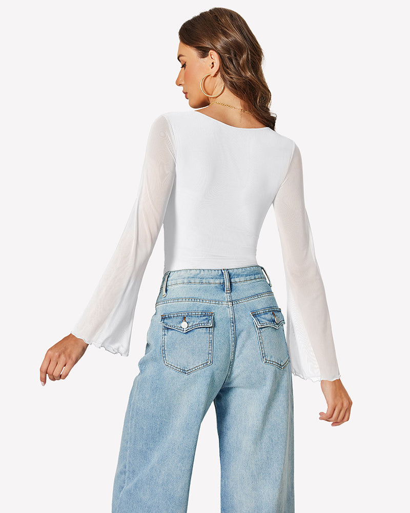 Long Bell Sleeve Mesh Square Neck Bodysuit Shaperwear-bodysuit - Tophatter Daily Deals