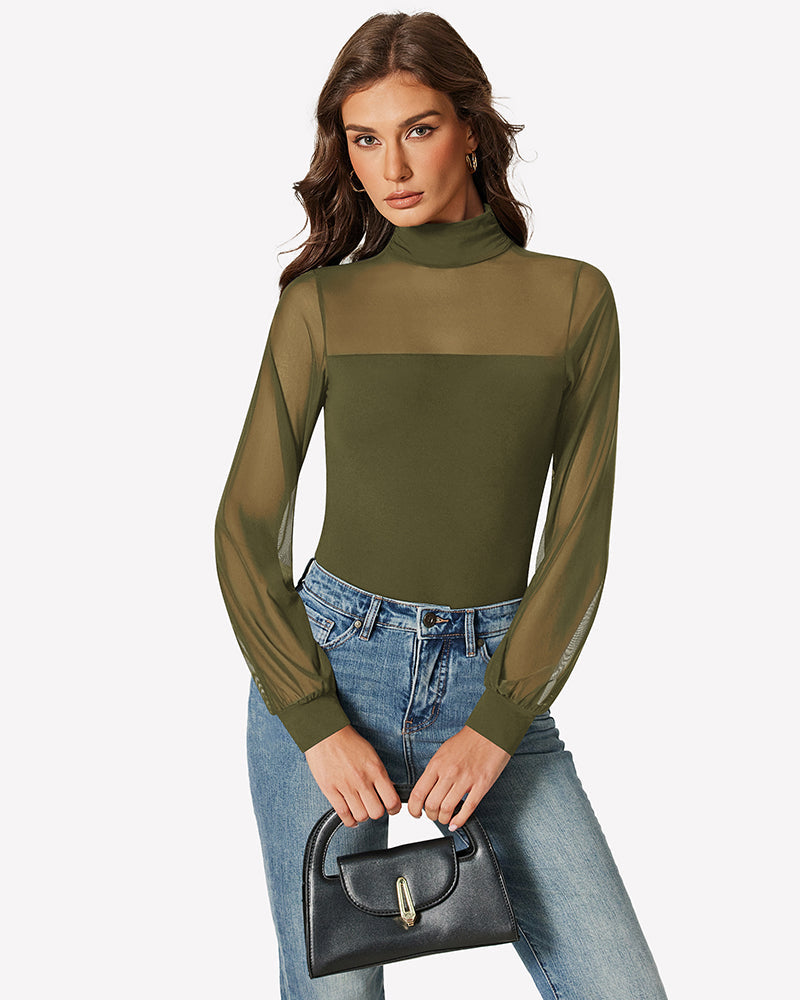 Long Sleeve Mesh Turtleneck Bodysuit Army Green Shaperwear-bodysuit - Tophatter Daily Deals