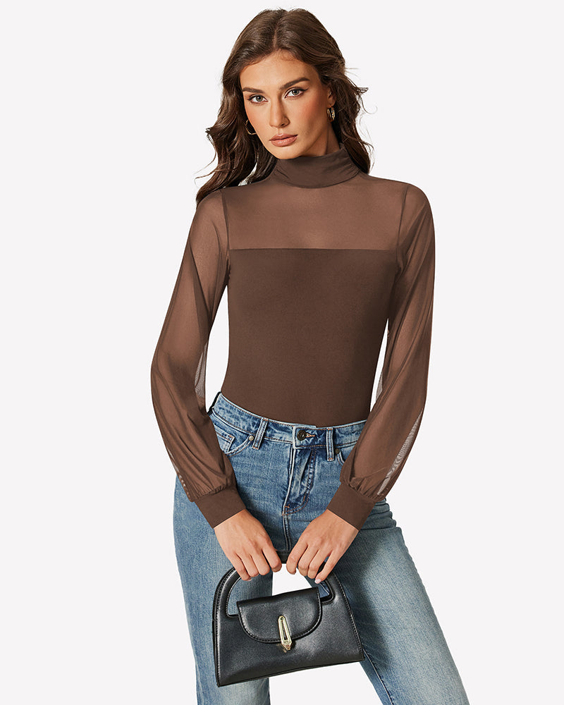 Long Sleeve Mesh Turtleneck Bodysuit Shaperwear-bodysuit - Tophatter Daily Deals
