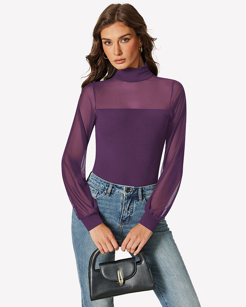 Long Sleeve Mesh Turtleneck Bodysuit Deep Purple Shaperwear-bodysuit - Tophatter Daily Deals