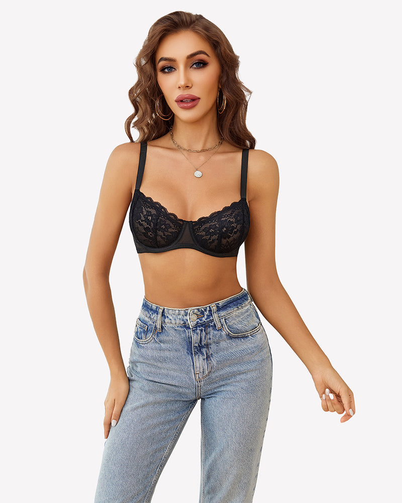 Lace Underwire Unlined Bra Black Lingerie Sets-Bras - Tophatter Daily Deals