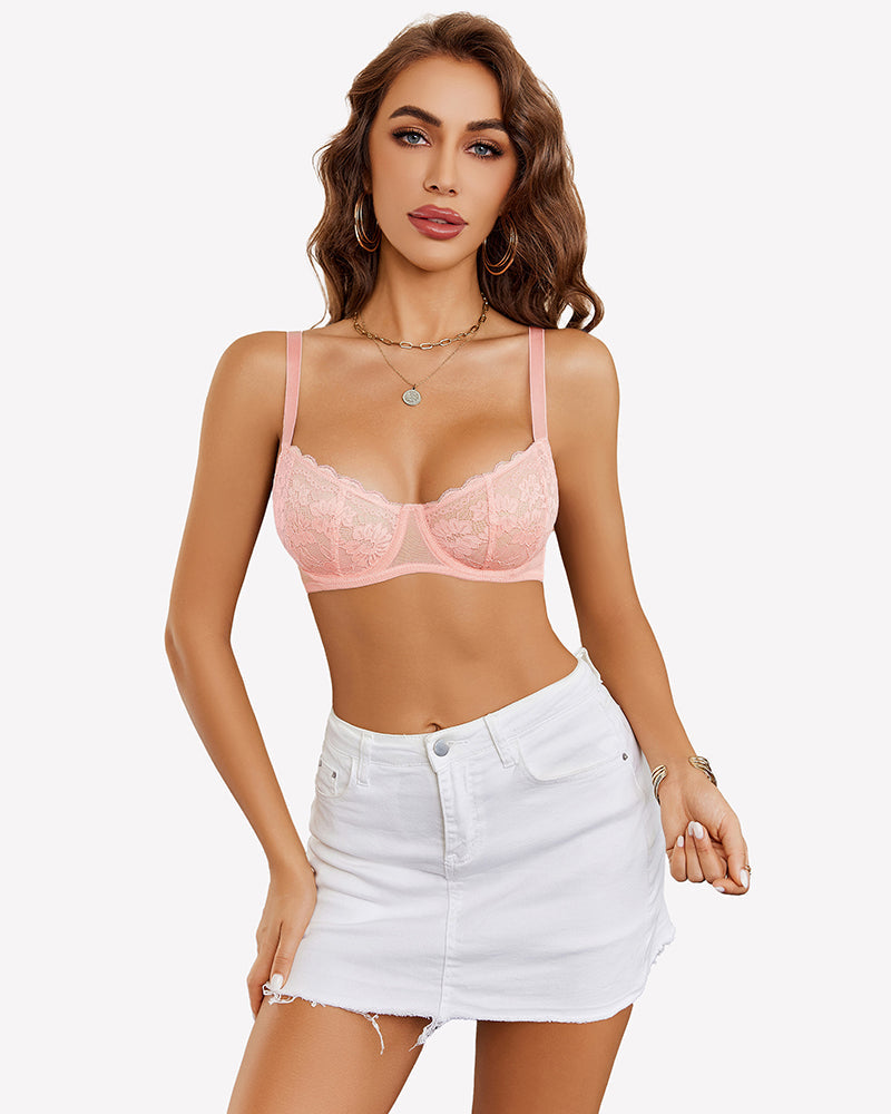 Lace Underwire Unlined Bra Light Pink Lingerie Sets-Bras - Tophatter Daily Deals