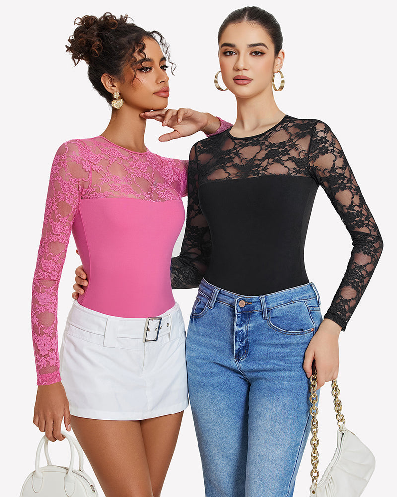 Lace Long Sleeve Bodysuit Tops Shaperwear-bodysuit - Tophatter Daily Deals
